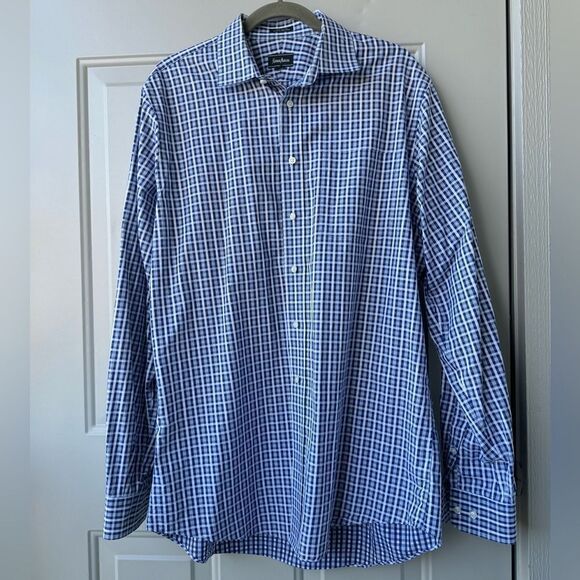 Neiman Marcus Men’s Button Down Shirt 16 1/2 36/37 Blue Plaid Cotton Casual - Picture 1 of 6